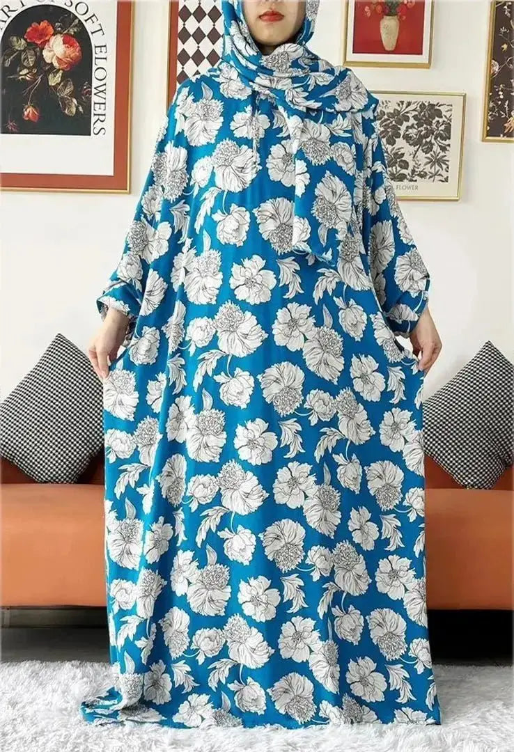 2023 New Muslim Cotton Abaya For Women Ramadan Prayer Dubai Turkey Middle East Femme Robe Floral Loose African Dress Scarfs Join