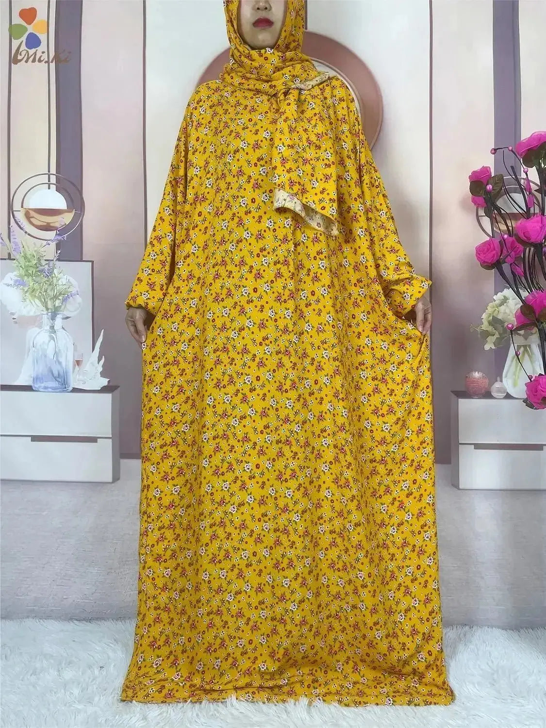 2023 New Muslim Cotton Abaya For Women Ramadan Prayer Dubai Turkey Middle East Femme Robe Floral Loose African Dress Scarfs Join