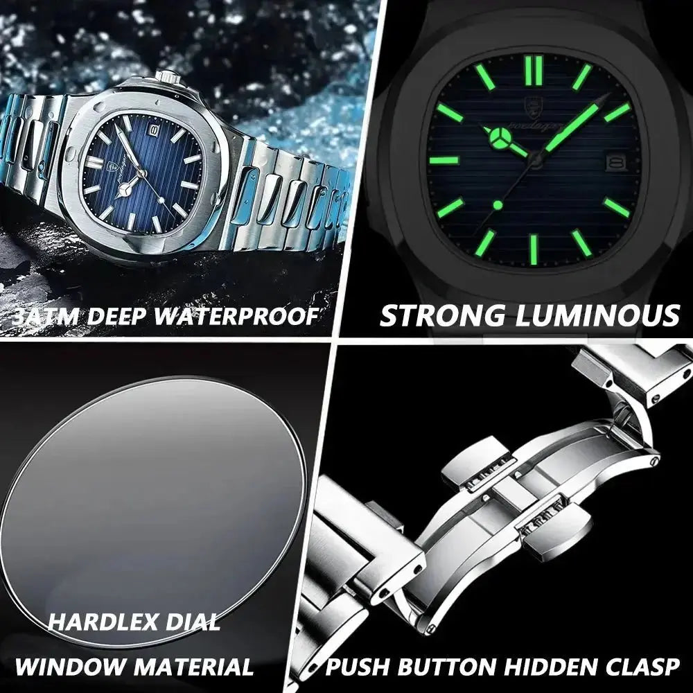 2023 New POEDAGAR Luxury Watch Business Waterproof Male Clock Luminous Date Stainless Steel Square Quartz Men Watch reloj hombre - haalish