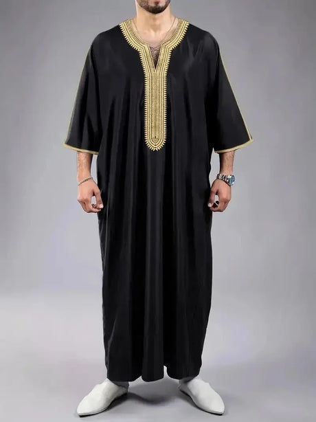 2023 Summer New Kaftan Muslim Men Short Sleeve Embroidery Loose Breathable Casual Robe Islamic Abaya