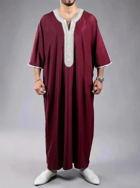 2023 Summer New Kaftan Muslim Men Short Sleeve Embroidery Loose Breathable Casual Robe Islamic Abaya