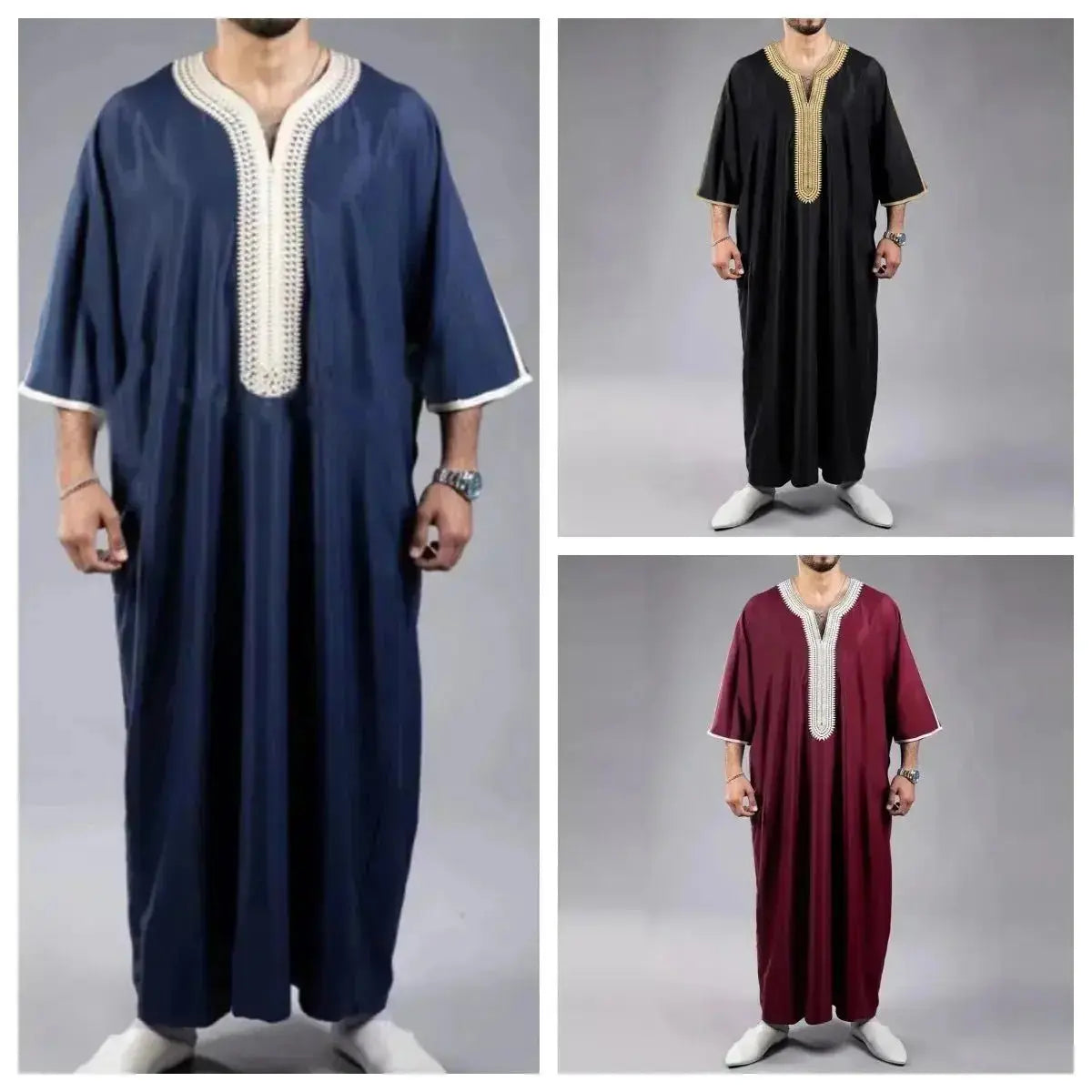 2023 Summer New Kaftan Muslim Men Short Sleeve Embroidery Loose Breathable Casual Robe Islamic Abaya