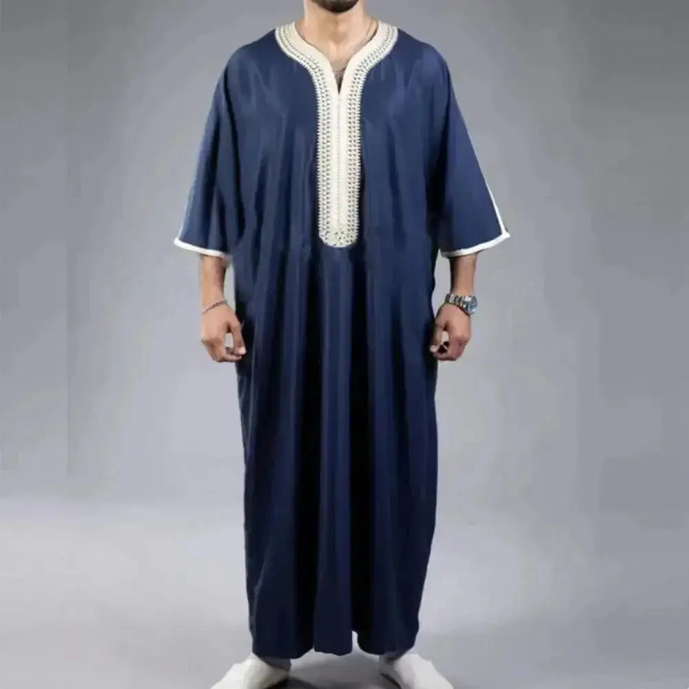 2023 Summer New Kaftan Muslim Men Short Sleeve Embroidery Loose Breathable Casual Robe Islamic Abaya - haalish