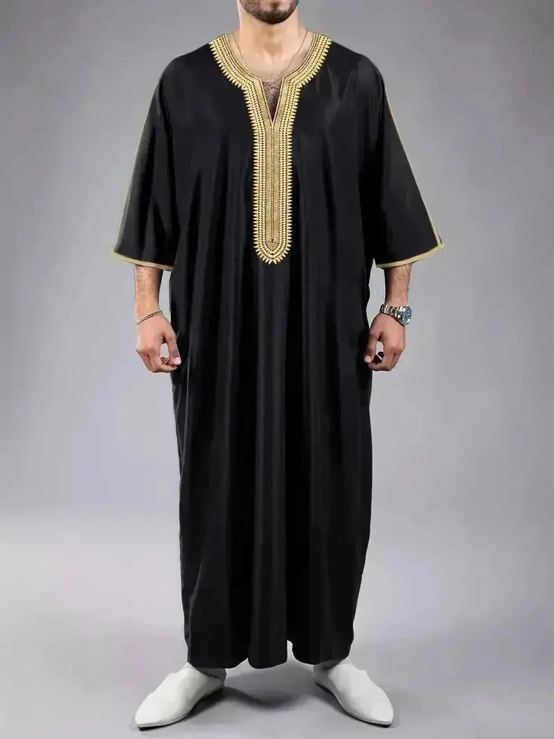 2023 Summer New Kaftan Muslim Men Short Sleeve Embroidery Loose Breathable Casual Robe Islamic Abaya - haalish