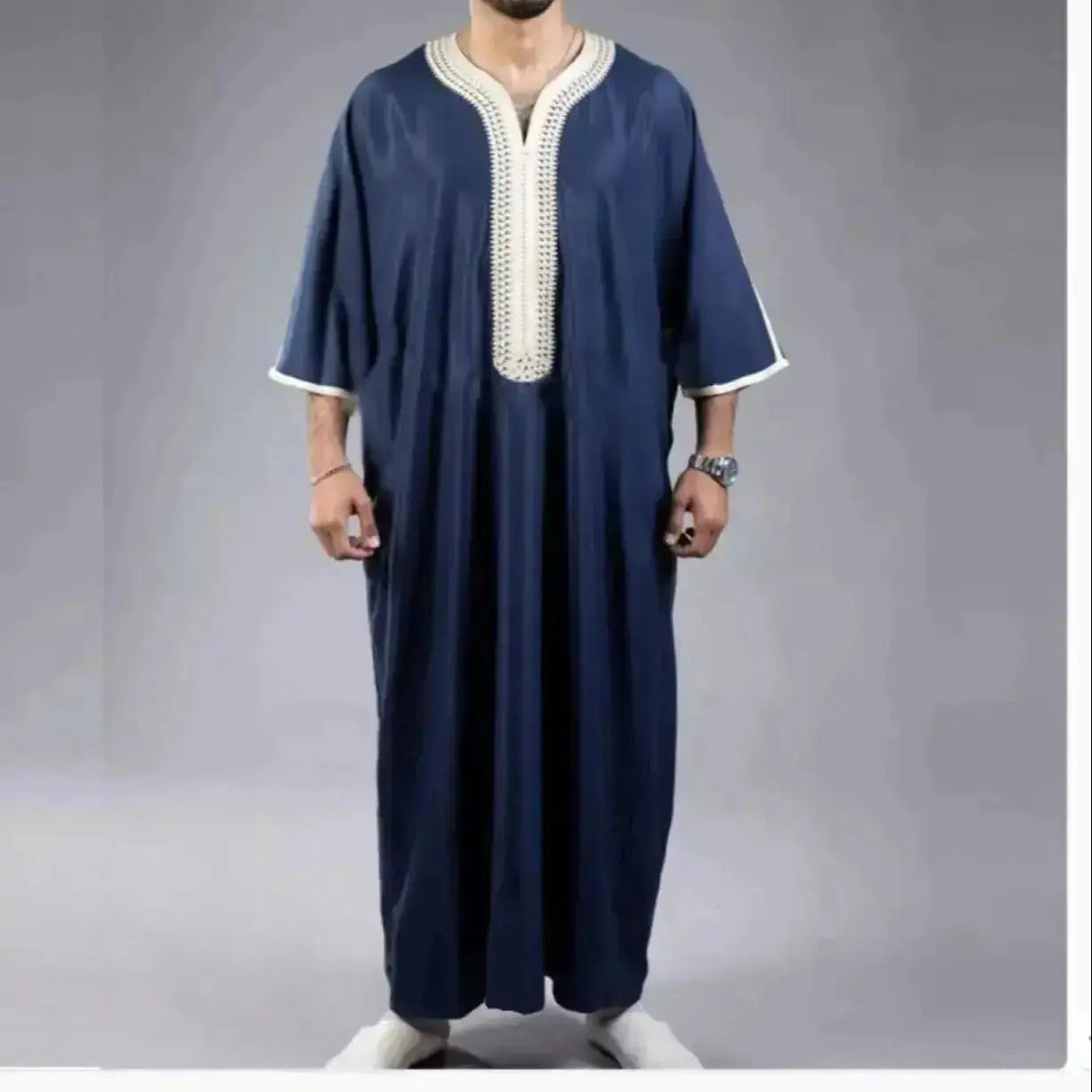 2023 Summer New Kaftan Muslim Men Short Sleeve Embroidery Loose Breathable Casual Robe Islamic Abaya