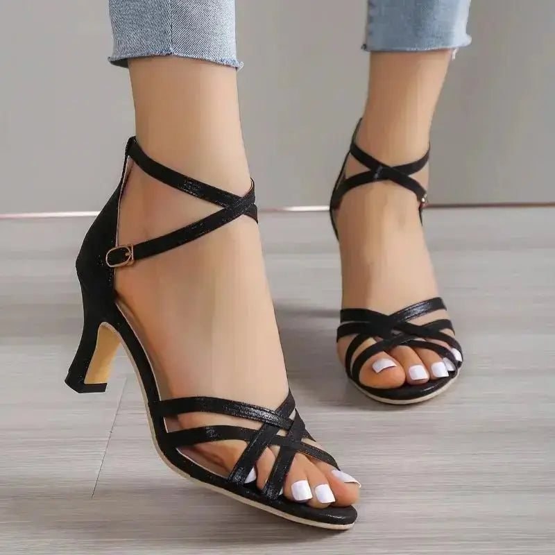 2023 Summer Sexy Large Sandals Women's New Fashion Cross Strap Buckle Solid Open Toe Leather High Heel Single Shoes Women