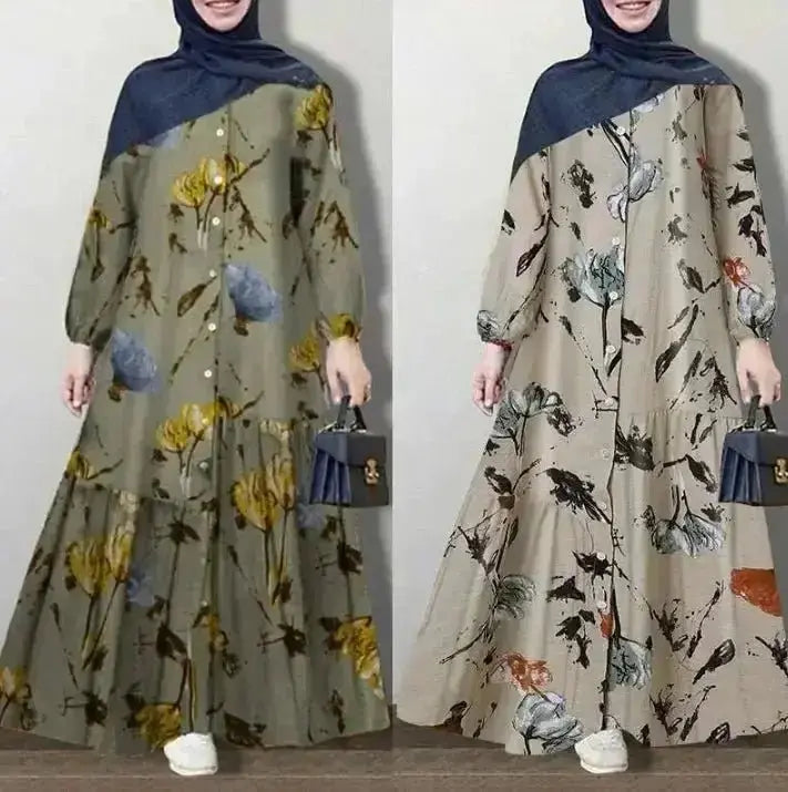 2023 Women's Long Sleeve Cotton Dress Muslim Clothing Middle East Splicing Kaftan Long Skirt Female Clothing - haalish