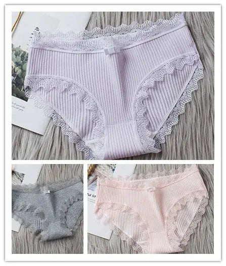 3PCS/Lot Sexy Briefs Women Middle Waist Cotton Underwear Bowtie Panties Breathable Lace Intimates Antibacterial Crotch Lingere - haalish