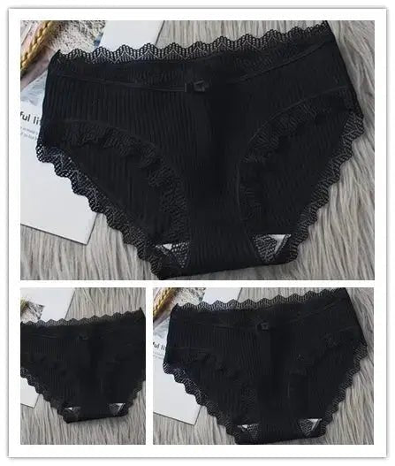 3PCS/Lot Sexy Briefs Women Middle Waist Cotton Underwear Bowtie Panties Breathable Lace Intimates Antibacterial Crotch Lingere - haalish