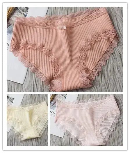 3PCS/Lot Sexy Briefs Women Middle Waist Cotton Underwear Bowtie Panties Breathable Lace Intimates Antibacterial Crotch Lingere - haalish