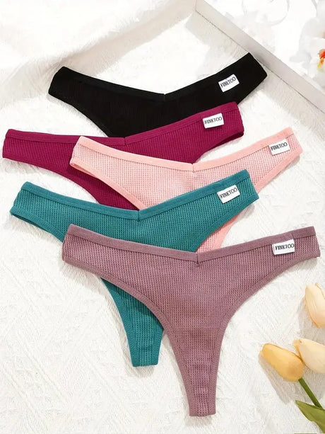 5Pcs Women Cotton Waffle Style G-string Panties Ladies Soft Thongs Female S-XL Low-Rise T-Back Panties Bikini Underwear 2024