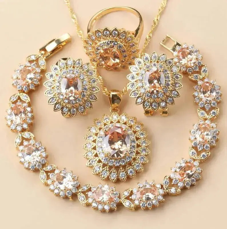 African Wedding Necklace Big Sunflowe Jewelry Sets 18K Gold Plated Luxury Woman Earrings Charm Bracelet And Ring Bridal Costume