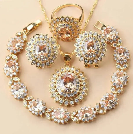 African Wedding Necklace Big Sunflowe Jewelry Sets 18K Gold Plated Luxury Woman Earrings Charm Bracelet And Ring Bridal Costume