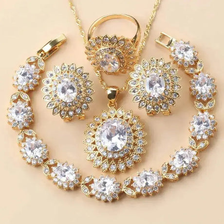 African Wedding Necklace Big Sunflowe Jewelry Sets 18K Gold Plated Luxury Woman Earrings Charm Bracelet And Ring Bridal Costume