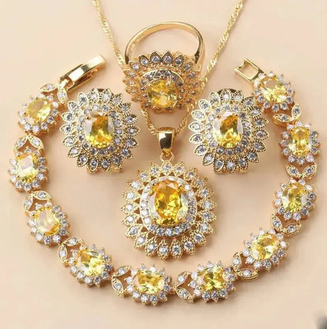 African Wedding Necklace Big Sunflowe Jewelry Sets 18K Gold Plated Luxury Woman Earrings Charm Bracelet And Ring Bridal Costume