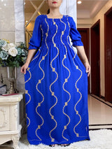 African Women Dashiki  Cotton Embroider Dress Printing Apple Design Quarter Sleeve Collect Waist Straight Loose African Clothing