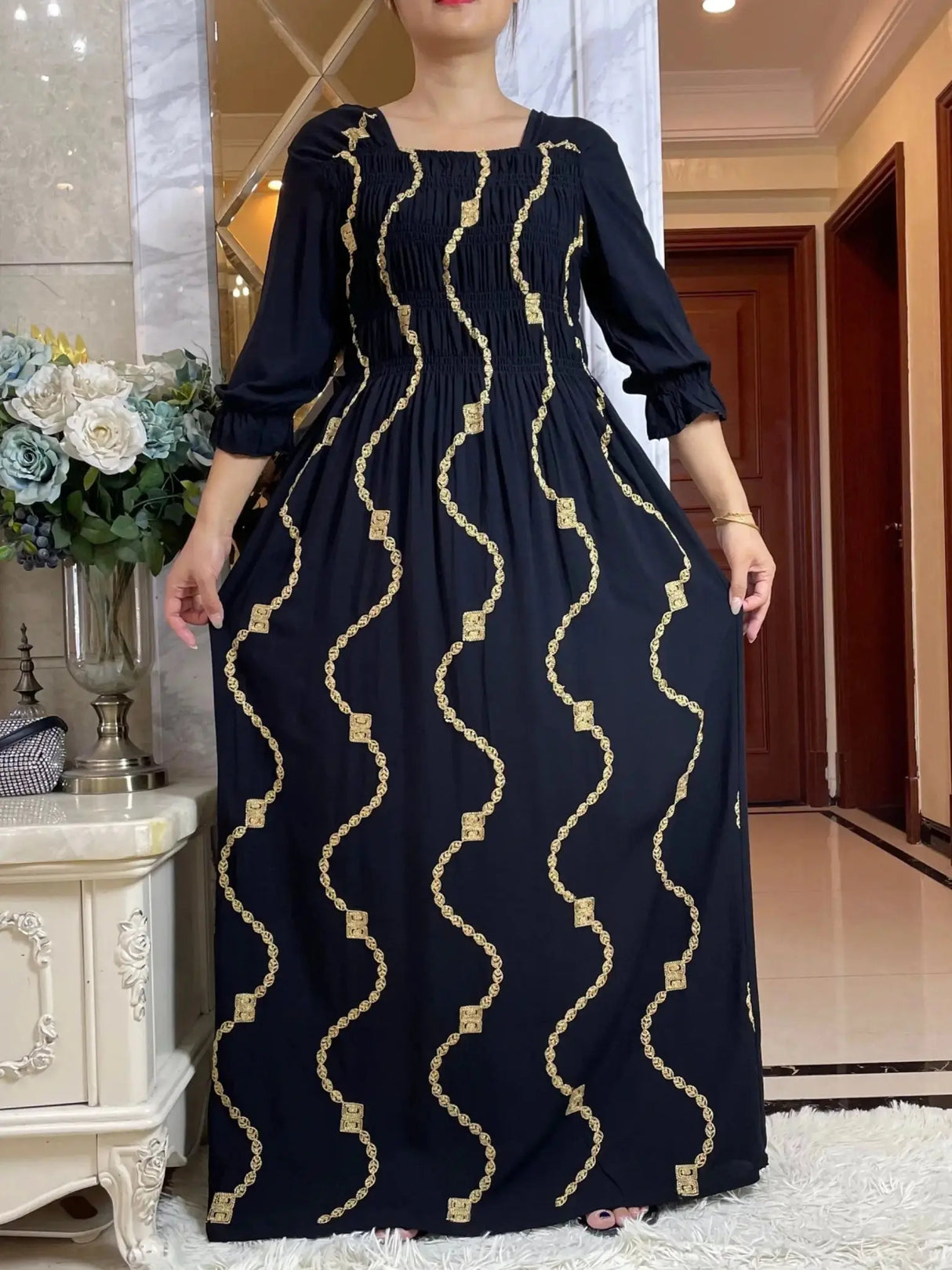 African Women Dashiki  Cotton Embroider Dress Printing Apple Design Quarter Sleeve Collect Waist Straight Loose African Clothing