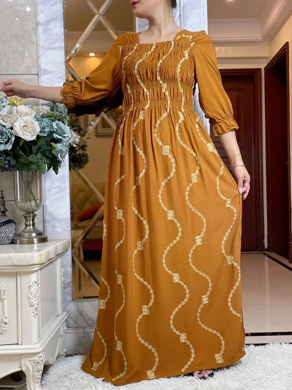 African Women Dashiki  Cotton Embroider Dress Printing Apple Design Quarter Sleeve Collect Waist Straight Loose African Clothing