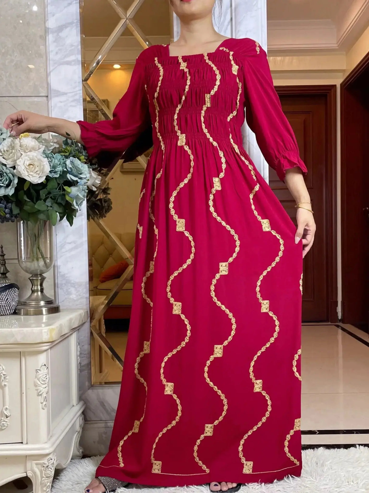 African Women Dashiki  Cotton Embroider Dress Printing Apple Design Quarter Sleeve Collect Waist Straight Loose African Clothing