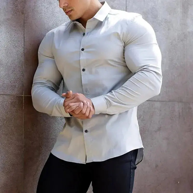 Autumn Fashion Casual long Sleeve Shirt Men Super Slim Social Business Dress Shirt Solid Undershirt Mens Fitness Sports Clothing