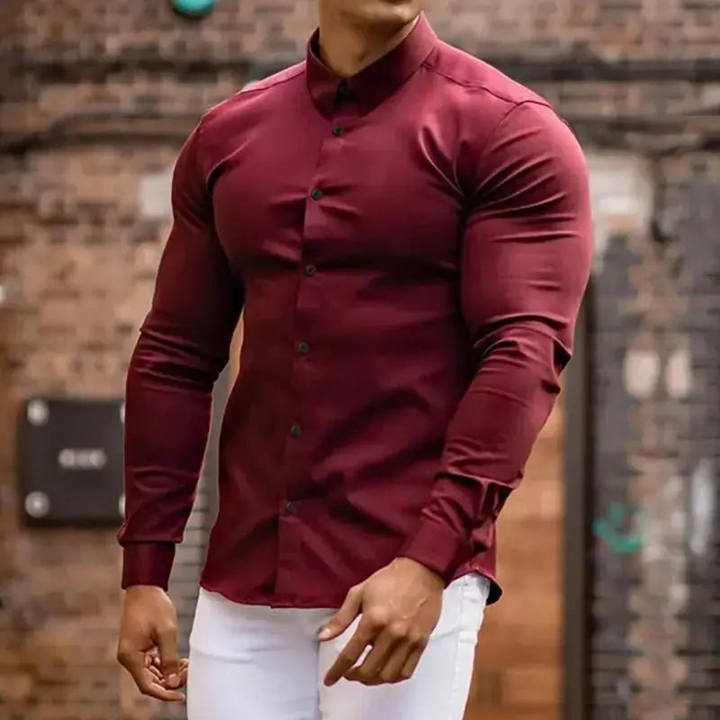 Autumn Fashion Casual long Sleeve Shirt Men Super Slim Social Business Dress Shirt Solid Undershirt Mens Fitness Sports Clothing