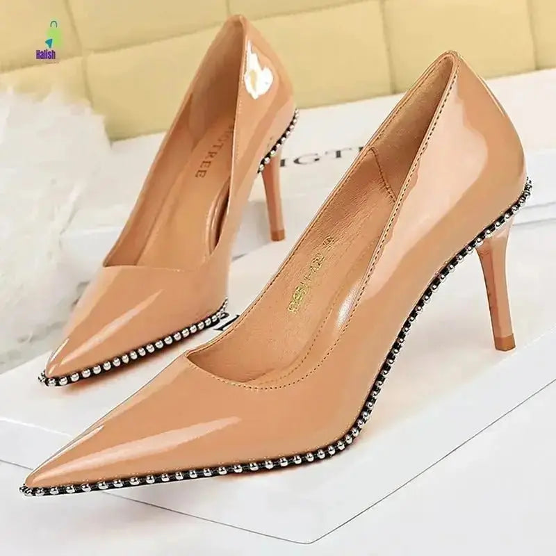 BIGTREE High Heels Rivet Metal Chain Pumps