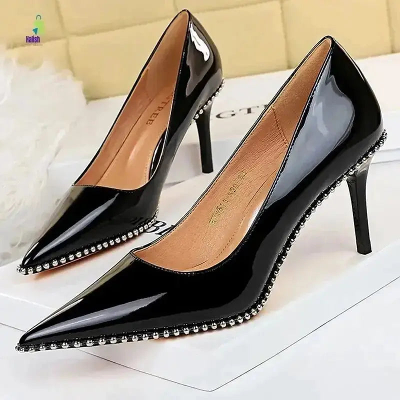 BIGTREE High Heels Rivet Metal Chain Pumps