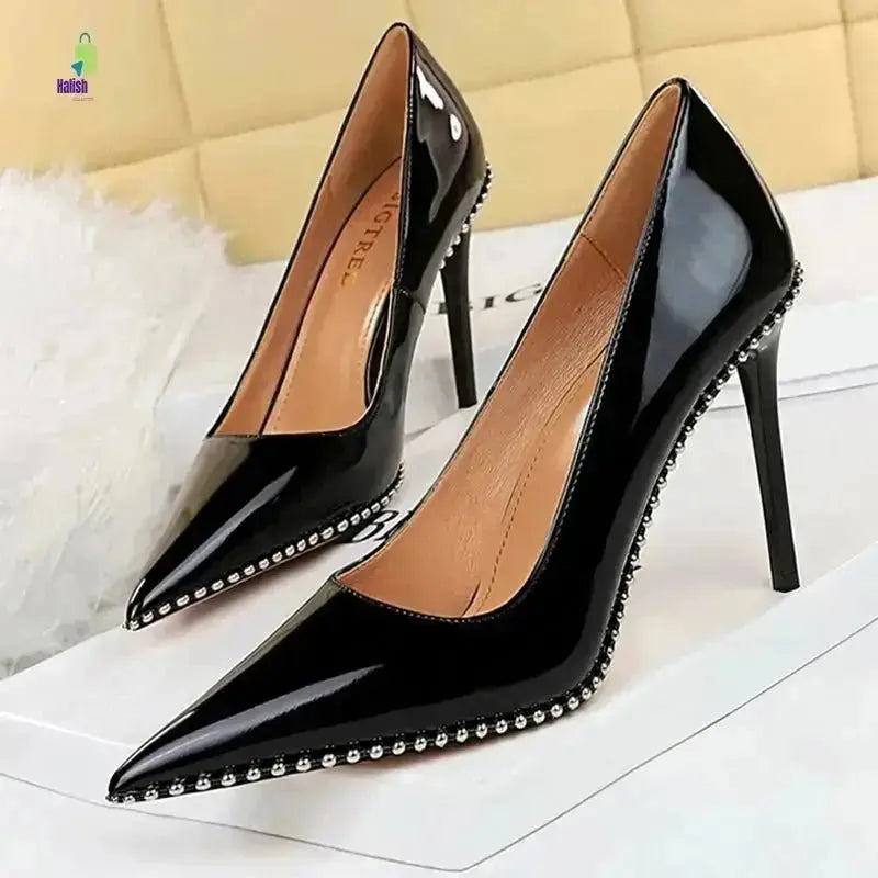 BIGTREE High Heels Rivet Metal Chain Pumps