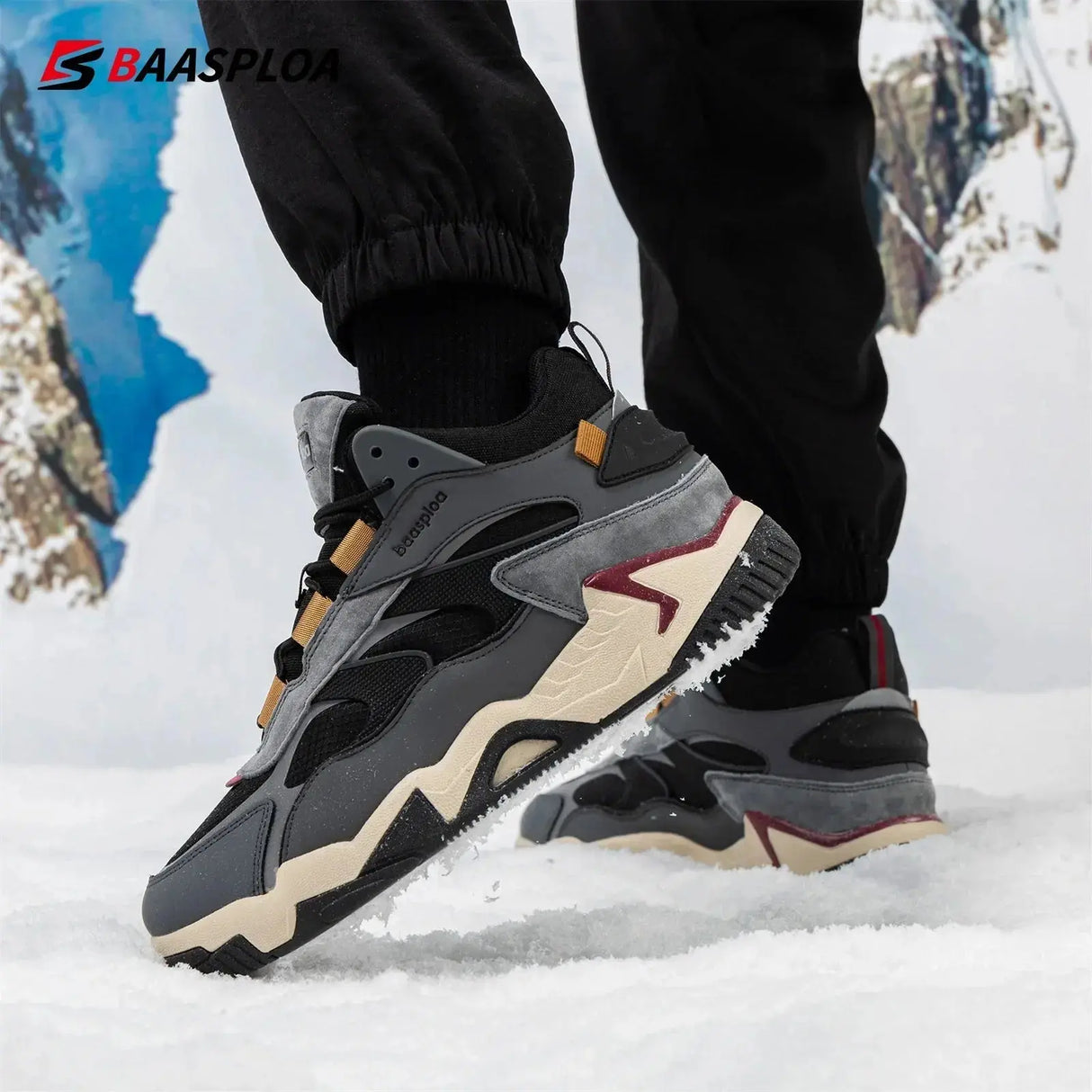 Baasploa Winter Men Shoes Fashion Plush Warm Waterproof Leather Sports Shoes Male Casual Outdoor Non-Slip Lace up Walking Shoes