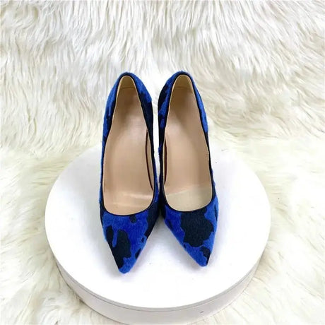 Blue Flock  Women Pumps High Heel Slip on  Floral Stiletto Pumps Pointy High Heel Shoes Chic Big Size 34-45