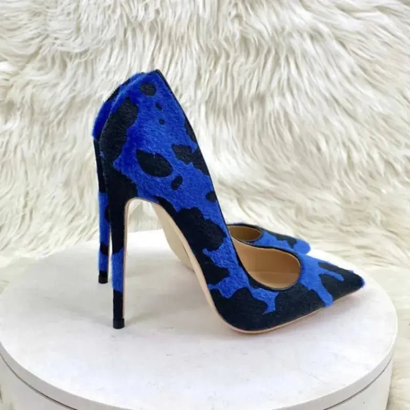 Blue Flock  Women Pumps High Heel Slip on  Floral Stiletto Pumps Pointy High Heel Shoes Chic Big Size 34-45