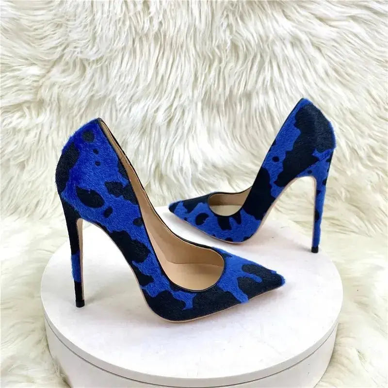 Blue Flock  Women Pumps High Heel Slip on  Floral Stiletto Pumps Pointy High Heel Shoes Chic Big Size 34-45