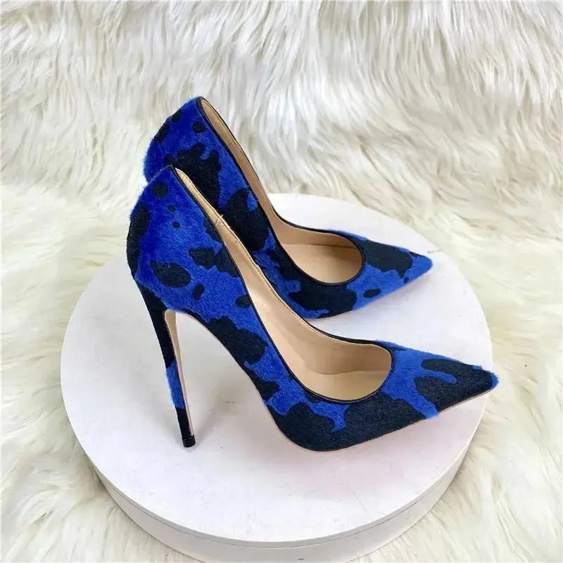 Blue Flock  Women Pumps High Heel Slip on  Floral Stiletto Pumps Pointy High Heel Shoes Chic Big Size 34-45