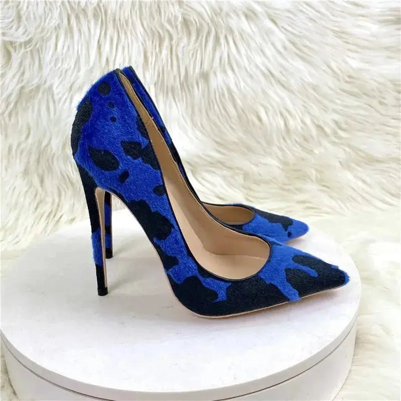 Blue Flock  Women Pumps High Heel Slip on  Floral Stiletto Pumps Pointy High Heel Shoes Chic Big Size 34-45