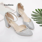 Cresfimix bridal sexy wedding party square heel pumps for ladies women fashion golden high heel shoes silver high heels a5574