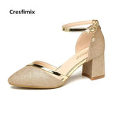 Cresfimix bridal sexy wedding party square heel pumps for ladies women fashion golden high heel shoes silver high heels a5574