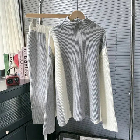 EWQ Casual Fashion Long Sleeve Half High Collar Sweater And Knitted Skirts Patchwork Women 2 Piece Set 2024 Autumn New