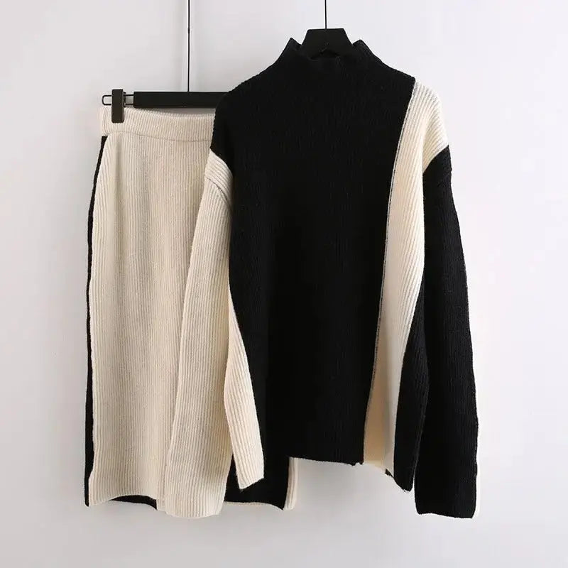 EWQ Casual Fashion Long Sleeve Half High Collar Sweater And Knitted Skirts Patchwork Women 2 Piece Set 2024 Autumn New