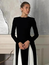 Elegant Black White Patchwork Maxi Dresses Women Fashion O-neck Long Sleeves Slim Dress New Female Evening Party Robes