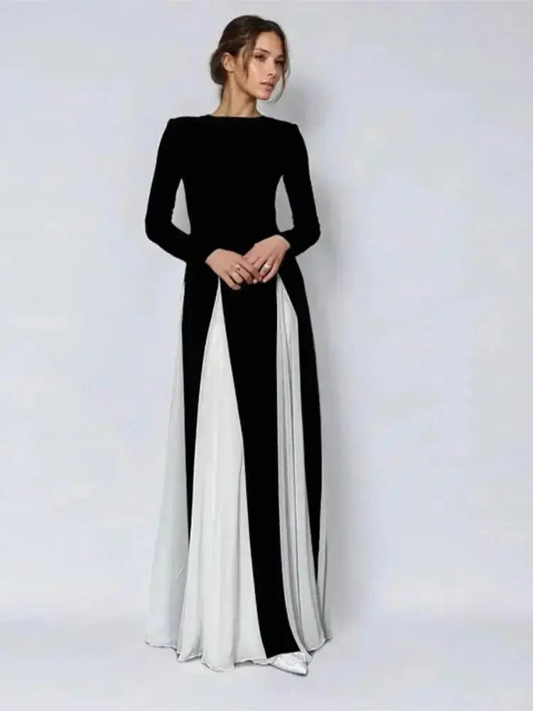 Elegant Black White Patchwork Maxi Dresses Women Fashion O-neck Long Sleeves Slim Dress New Female Evening Party Robes