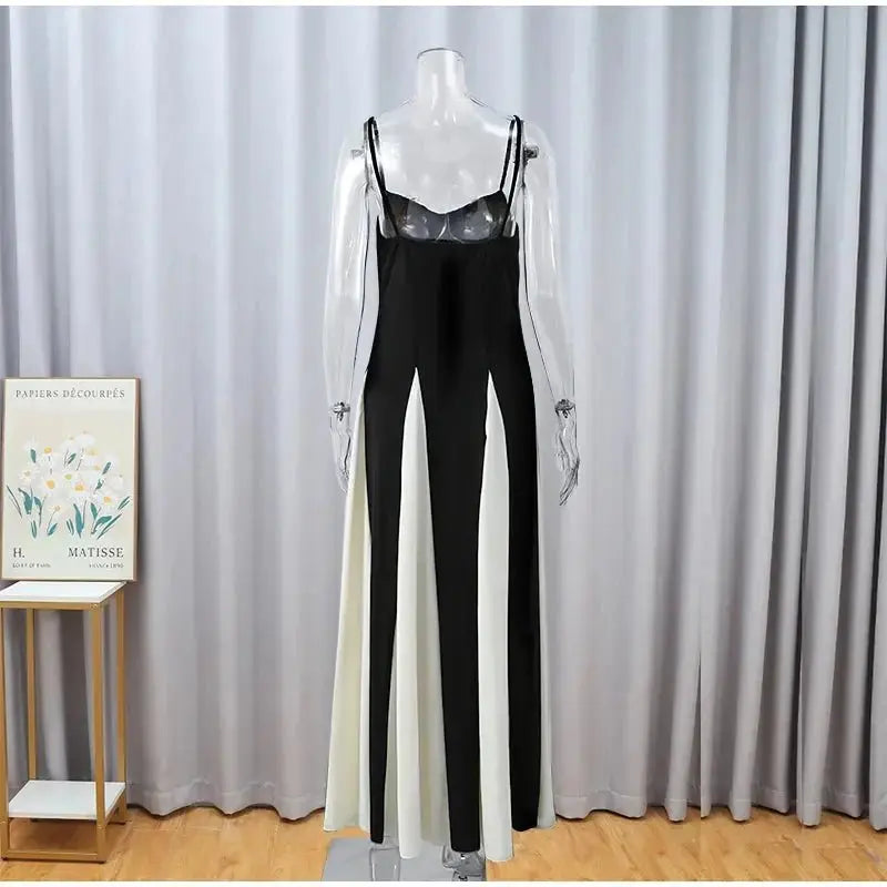 Elegant Black White Patchwork Maxi Dresses Women Fashion O-neck Long Sleeves Slim Dress New Female Evening Party Robes