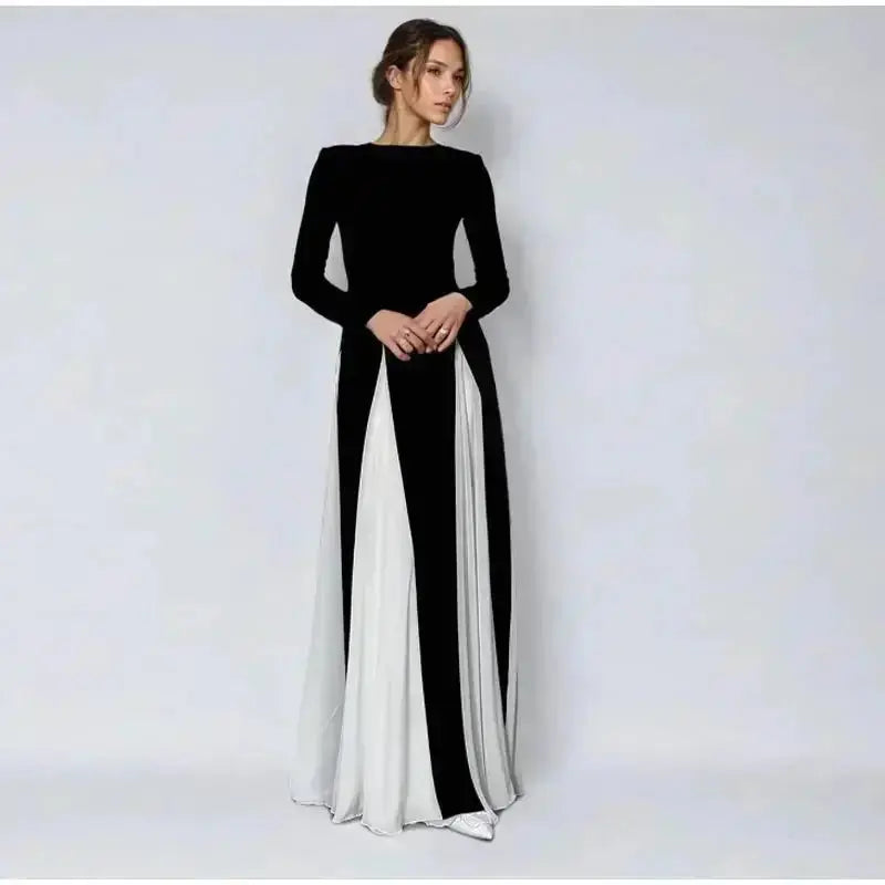 Elegant Black White Patchwork Maxi Dresses Women Fashion O-neck Long Sleeves Slim Dress New Female Evening Party Robes