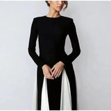 Elegant Black White Patchwork Maxi Dresses Women Fashion O-neck Long Sleeves Slim Dress New Female Evening Party Robes