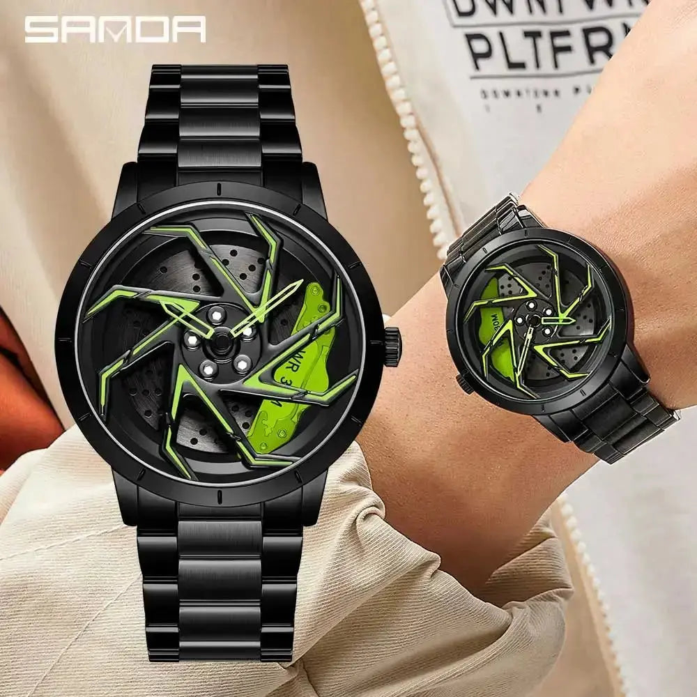 Fashion Hot Sell Car Rim Men Watches Stainless Steel Waterproof Sport Watch 360 Degree Rotating Wheel Rim Dial Quartz Wristwatch