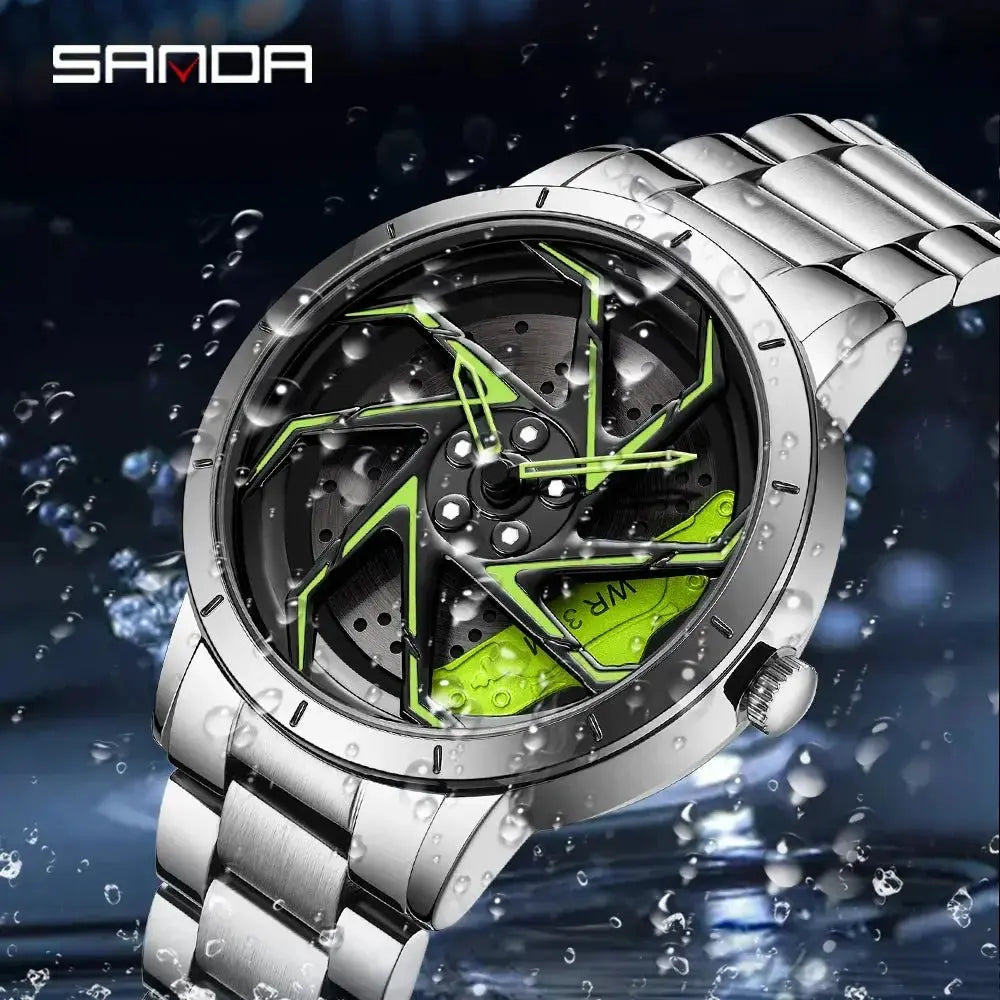 Fashion Hot Sell Car Rim Men Watches Stainless Steel Waterproof Sport Watch 360 Degree Rotating Wheel Rim Dial Quartz Wristwatch