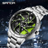 Fashion Hot Sell Car Rim Men Watches Stainless Steel Waterproof Sport Watch 360 Degree Rotating Wheel Rim Dial Quartz Wristwatch