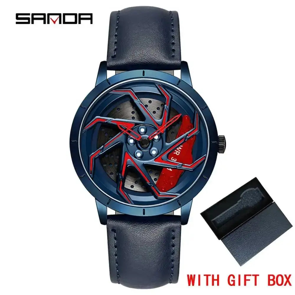 Fashion Hot Sell Car Rim Men Watches Stainless Steel Waterproof Sport Watch 360 Degree Rotating Wheel Rim Dial Quartz Wristwatch