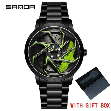 Fashion Hot Sell Car Rim Men Watches Stainless Steel Waterproof Sport Watch 360 Degree Rotating Wheel Rim Dial Quartz Wristwatch