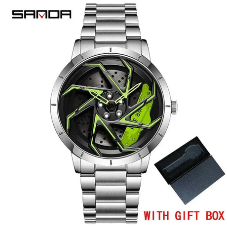 Fashion Hot Sell Car Rim Men Watches Stainless Steel Waterproof Sport Watch 360 Degree Rotating Wheel Rim Dial Quartz Wristwatch