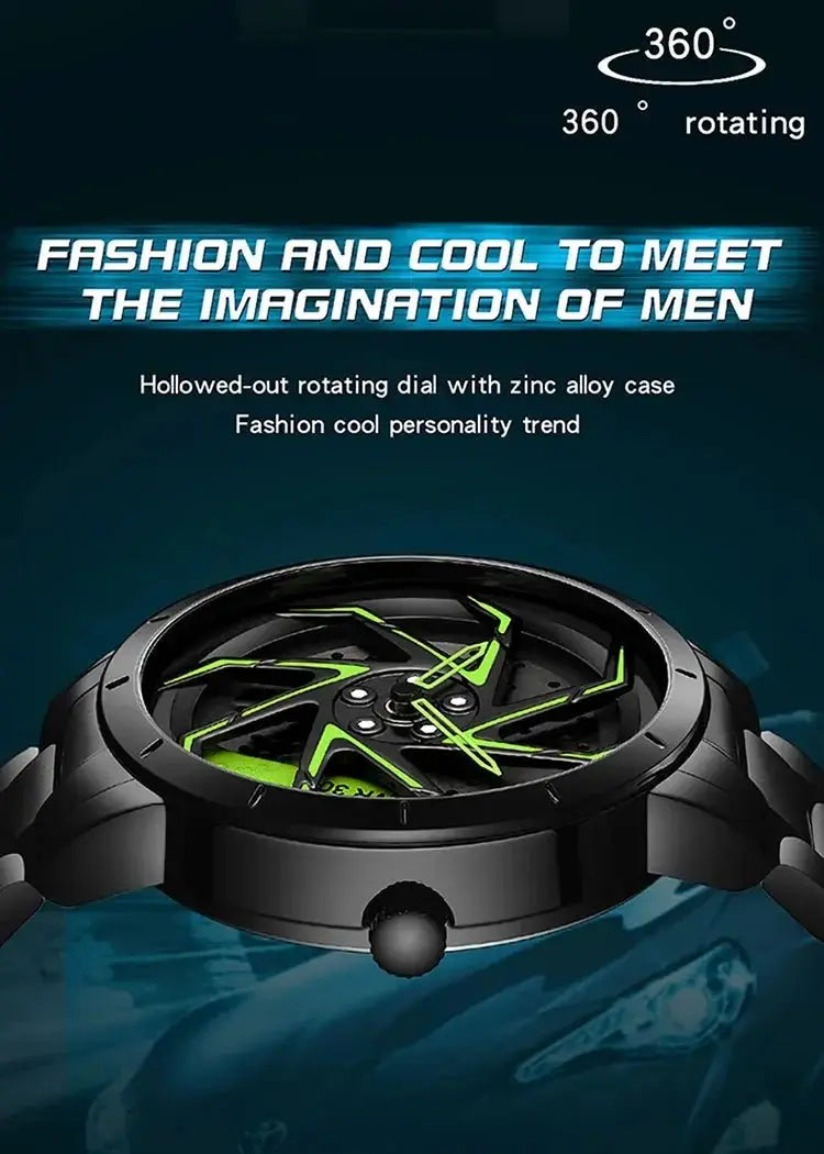 Fashion Hot Sell Car Rim Men Watches Stainless Steel Waterproof Sport Watch 360 Degree Rotating Wheel Rim Dial Quartz Wristwatch